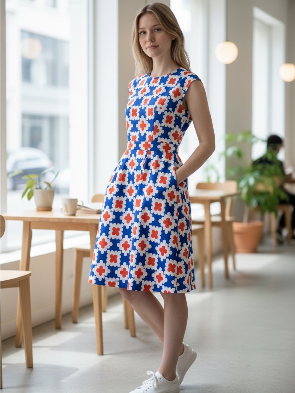 Boden Blue Orang White Floral A-Line Cap Sleeve Casual Cotton Dress with Pockets